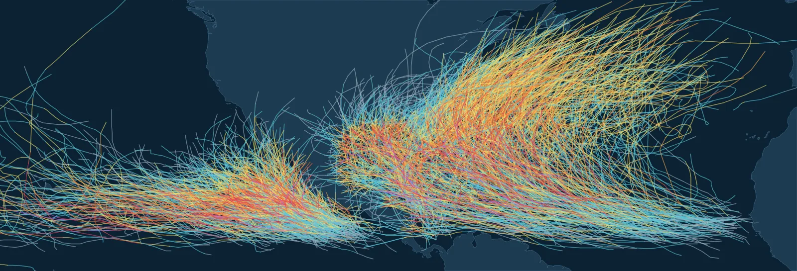 Map of every Atlantic hurricane track since 1851 and every eastern and central Pacific hurricane track since 1949, coloured by strength